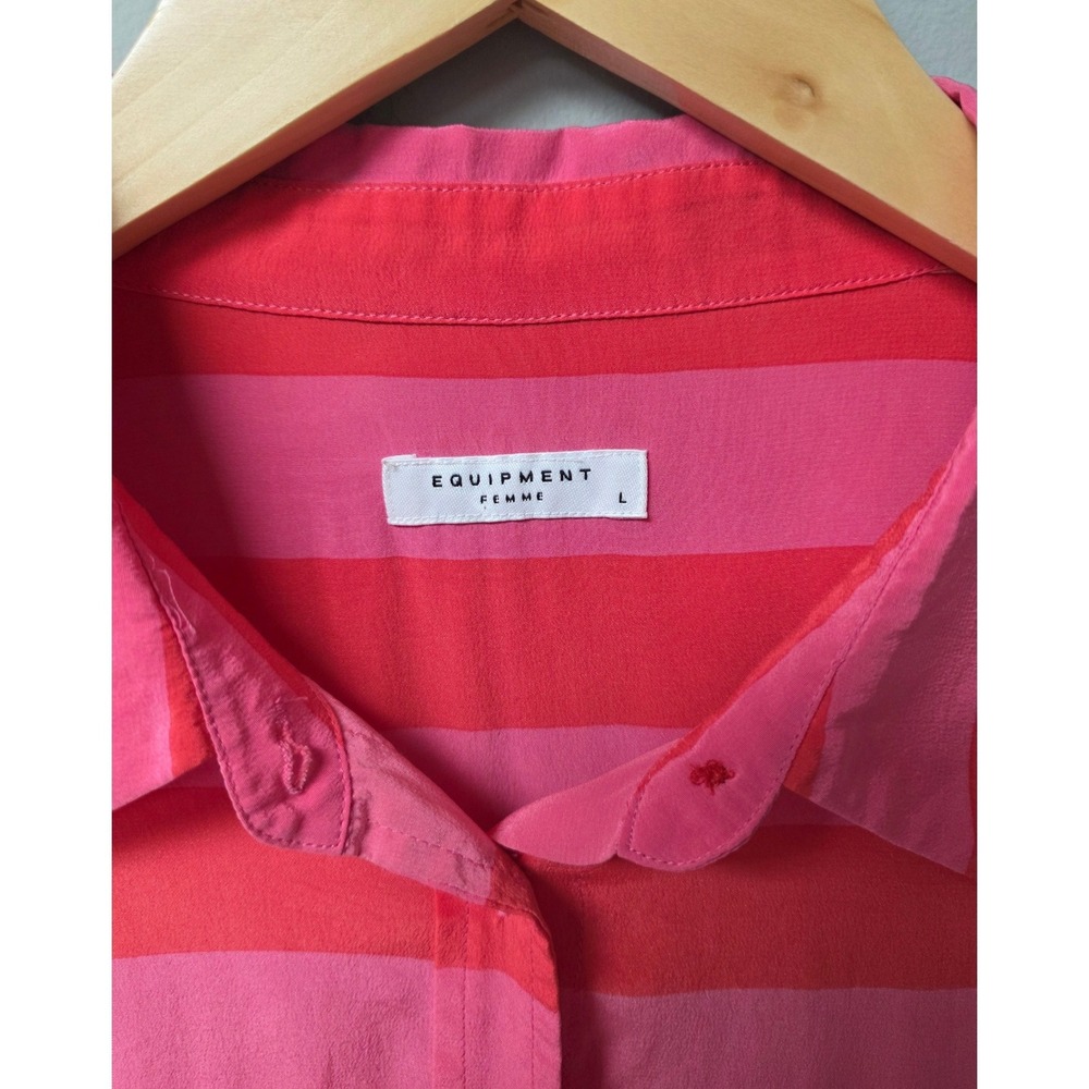 Equipment Femme 100% Silk Signature Blouse Women L Pink Orange Striped Vibrant - Picture 3 of 6